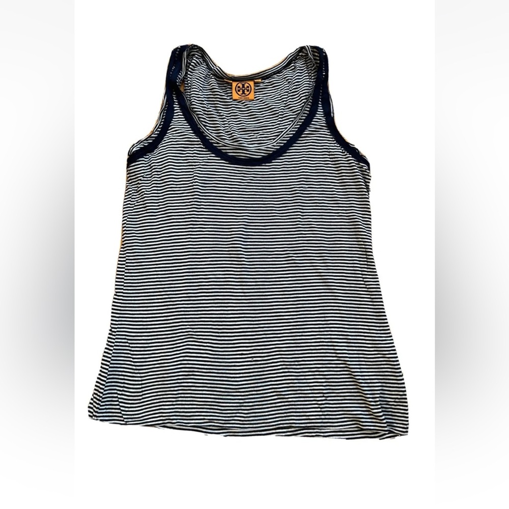 Tory Burch Womens Size Medium Navy Blue and White Striped Double Layer Tank Top